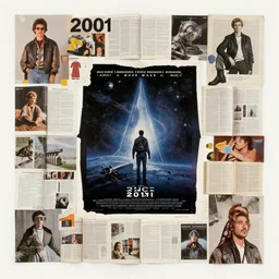 A contemporary artistic collage, made of random shapes cut from fashion magazines, science magazines, and textbooks, of 2001: A Space Odyssey film poster.