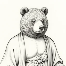 detailed pen and ink illustration of a man with a bears head, Buddhist bodhisattva, anthropomorphic, all drawn with micron, seated in royal ease, black micron pen on white paper, highly detailed, fine pen work, white background
