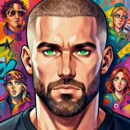 beautiful anime of bold man 👨🏻🦲 with short beard and green eyes, no hairs, by sherree valentine daines, peter mohrbacher, alice neel, donato giancola, mike winkelmann, laurie greasley. trending on artstation, 8 k, masterpiece, graffiti, fine detail, full of color, intricate detail, golden ratio illustration, face detail