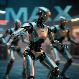 Cyberpunk android chrome Robots dramatic movie scene with dynamic movement and motion blur and bokeh and forced perspective, shot on imax, cinematic scene, cinematographic composition, CineStill 800T Film