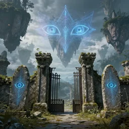 ancient overgrown ruins, medieval gates, runestones, mysetrious etherial mesmerizing runic cat eyes, nostlagia, magical elven geometry, floating islands, high detail