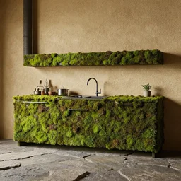 kitchen made of moss, octane render, trending on artstation, very rough sand on wall, flooring made of hard rock