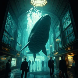 movie film wide shot from bioshock, highly detailed, 4 k, underwater, art deco, whale, bustling, large windows, buisnessmen, directed by david fincher