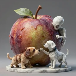 beautiful digital fantasy illustration of alien fruit, a creepy dog attacking a stuffed animal, octane render, detail texture, unreal engine, 8 k, a surrealist sculpture by ryohei hase, marble sculptures, ultra hyper realistic quality