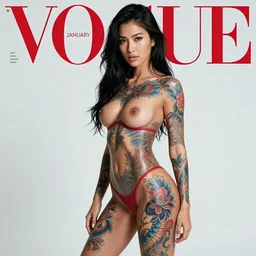 super sexy, beautiful South American female model, Japanese yakuza tattoo all over her body , blue and red tattoo, Vogue issue January, futuristic typography, in the style of Bosch and Jan Van Eyck, 16th century painting style and textur