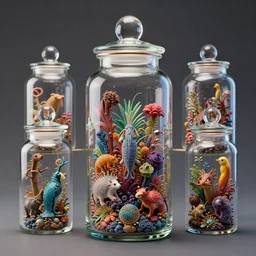 collection of tiny animals in glass jars :: by James Jean, Jeff Koons, Dan McPharlin Daniel Merrian :: ornate, dynamic, particulate, rich colors, intricate, elegant, highly detailed, centered, artstation, smooth, sharp focus, octane render, 3d