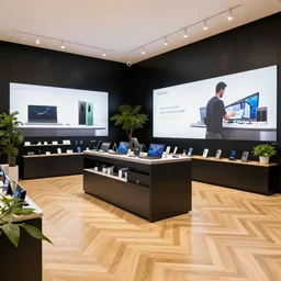 hyperdetailed happy sunny samsung store, oak parquet, black walls, digital walls, plants