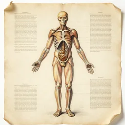 Vintage, detailed, colored sketch of Ouroboros anatomy, full body, with full descriptions, on parchment.