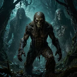swamp thing in a stoic brooding pose, forward angle, dramatic night lighting, by bernie wrightston, mike mignola and bill sienkiewicz, monstrous faces blended in the background scenery, canopy of drippy trees