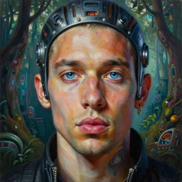 realistic detailed face portrait painting of the Rapper Fler with sci-fi headwear, futuristic sci-fi forest on background by Jean Delville, Amano, Yves Tanguy, Alphonse Mucha, Edward Robert Hughes, Roger Dean, rich moody colours, blue eyes