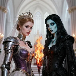 lesbian wedding between evil pyromancer and necromancer, magitek, unholy, white church background, detailed face, sharp focus, highly detailed, cinematic lighting, studio quality, colorful, smooth render, unreal engine 5 rendered, octane, rendered, by artgerm, greg rutkowski, alphonse mucha
