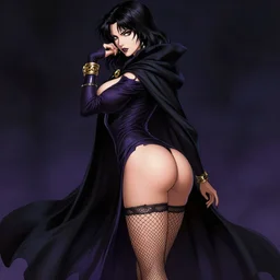 Dark Fantasy portrait, Necromancer, female, gorgeous, beautiful face, dark garments, dark pruple robes, gold bracelet, Black cloak from neck to ankles, fishnets stockings, pin-up, shapely toned derriere, highly detailed, smooth, shrap focus, tankoban, by akihiko yoshida, james jean andrei riabovitchev marc _ simonetti, yoshitaka amano, artstation