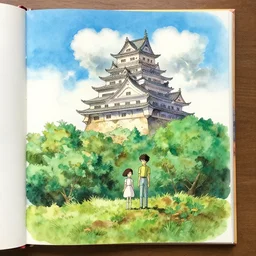 laputa castle in the sky hayao miyazaki stands in a small clearing among trees, watercolor illustration for a book