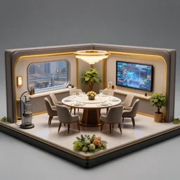 A diorama of a futuristic dining room