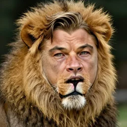 leonardo de caprio showing his bird lion hybrid, (EOS 5DS R, ISO100, f/8, 1/125, 84mm, postprocessed, crisp face, facial features)