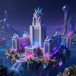 a beautiful very detailed highly detailed building industrial architecture university by jean delville, alien uv light tron anime neon noir neptune apocalyptic sci - fi poppy crystal gem architecture island, archdaily, wallpaper, highly detailed, trending on artstation.