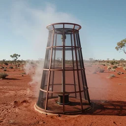 beautiful atmospheric water collector, fog collector tower with net, highly organized, in the australian red desert