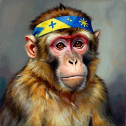 portrait of a humanoid macaque wearing a ukrainian headband in the style of piccaso