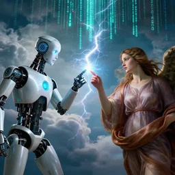 a godly robot and a human woman touch by their finger tips, exchanging lightning of beautiful energy through their fingers, teal matrix computer code falling in the background, angelic clouds in the background, cinematic, inspired by the creation of adam by michelangelo