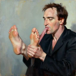 quentin tarantino holding feet!!!, licking, painting by jc leyendecker!! phil hale!, angular, brush strokes, painterly, vintage, crisp