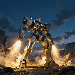 armored core v by liam wong, booster flares, legs, laser rifles, karst landscape, outdoor, dark blue sky, cloud, wilderness ground, golden time, twilight ; wide shot, digital painting, cinematic contrast, dynamic backlighting, sharp edge, motion blur, photoreal