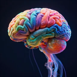 a jellyfish made out of a human brain, the brain is multicolored and vibrant, each fold of the brain is a different color, psychedelic, surreal, hyper-detailed realistic 8k octane render, unreal engine, juicy colors