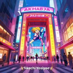 akihabara street view, epic scene, by takeuchi yoshiyuki vibrant colours, dynamic lighting, digital art, winning award masterpiece, fantastically beautiful, illustration, aesthetically inspired by anton fadeev jesper ejsing trending on artstation, art by hirohiko, 8 k