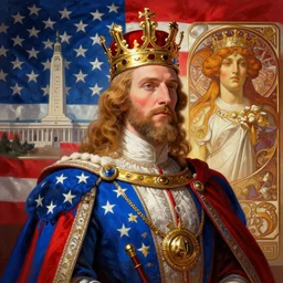 the king of the united states, is crowned in washington d. c, ancient, historical, intricate, highly detailed, dynamic lighting, digital art, digital painting, artstation, wlop, usa colors, red and blue colors, sharp focus, illustration, art by artgerm and greg rutkowski and alphonse mucha, 8 k