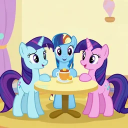 Ponies from My Little Pony sitting at a table