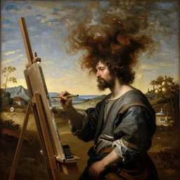 a painter at his easel with his head exploding, renaissance painting