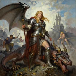 A beautiful oil painting of a viking woman posing with a slain dragon, by Lucas Graciano, Frank Frazetta, Greg Rutkowski, Boris Vallejo, epic fantasy character art, goddess of war, fantasy armor, Exquisite detail, post-processing, low angle, masterpiece, cinematic