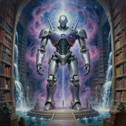 a beautiful painting of a large cyber robot altar shrouded by mystic nebula magic in an endless temple library by moebius and android jones, galactic waterfalls, oil on canvas sharp, details, hyper - detailed, hd, hdr, 4 k, 8 k