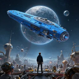 blue space ship in sky, dyson sphere program, by greg rutkowski, by rhads, by jesper ejsing, so many wires, sharp focus, man standing, colony, atom, crowd, steam punk