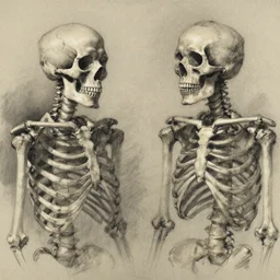 charcoal sketch with subtle and erratic strokes of two partial skeletons next to each other by james ensor