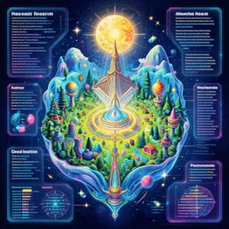 infographic of a [ heavenly realm ] ~ in the style of a ~ [ three dimensional hologram ] ~ highly detailed digital saturated colors full color drawn by [ wlop and greg rutkowski ]
