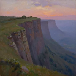 cliff side at dusk fantasy land oil on canvas - w 7 6 8