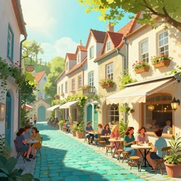 street of teal stone, sunlight and whimsical houses, cafe tables, happy people, digital art by artgerm