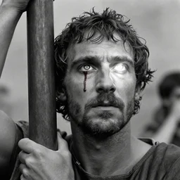 1 9 6 0 s movie still of marcus atilius regulus tied at pole with blood flowing off his eyes, the sun reflect in his eyes, cinestill 8 0 0 t 3 5 mm b & w, high quality, heavy grain, high detail, texture, dramatic light, anamorphic, hyperrealistic, detailed hair