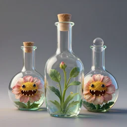 magic glass flasks anthropomorphic monster with a face made of flower with small sharp teeth inside, realistic, intricate, rendered in octane caustics subsurface scattering render 8 k