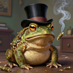close portrait toad with a top hat smoking weed, vaporwave, bedroom, highly detailed, digital painting, artstation, concept art, smooth, sharp focus, illustration, art by artgerm and greg rutkowski and alphonse mucha