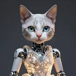 portrait of a robotic cat, perfect symmetrical pose, beautiful eyes, perfect face, sharp, by irakli nadar with intricate detailed wearing glowing dress, by leesha hannigan, iris van herpen, artstation, cgsociety, wlop, epic, wow factor, much detail, gorgeous, detailed, masterpiece