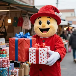 hyperrealistic photo of the Snappy Gifts mascot delivering gifts in a flea market
