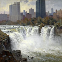 waterfall flooding the city of new york. highly detailed painting by gaston bussiere, craig mullins, j. c. leyendecker