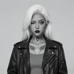 Hot young woman, winking, grey skinned, void eyeballs, white hair, tattoos, wearing leather jacket and wifebeater tank top, digital art, concept art, 4k,