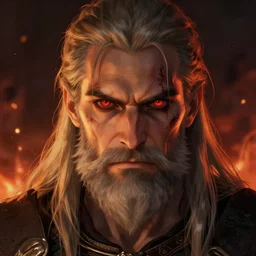 geralt of rivia with long beard and intense eyes, scarred, close up, rim lighting, fire particles in background, portrait, sinister atmospheric lighting. highly detailed painting by greg rutkowski, anime style