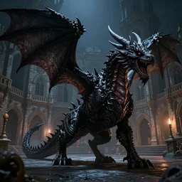 a huge black dragon on a medieval palace courtyard at night, scary, powerful extremely detailed, high quality, epic, dnd, fantasy art, artstation, dramatic lighting