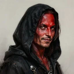 portrait of a male tiefling with red skin wearing a black hood, slight smile, looking like johnny depp, D&D, fantasy, intricate, elegant, highly detailed, digital painting, artstation, concept art, smooth, sharp focus, illustration, art by artgerm and greg rutkowski and alphonse mucha