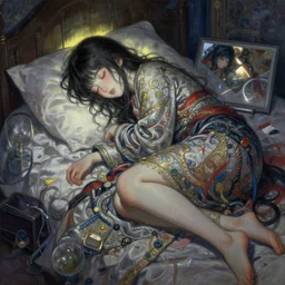 beautiful young girl in intricate clothing by ross tran, sleeping in a messy bedroom at night, painted by sana takeda, reflections, very high intricate details, painting by liu xiaodong, digital anime art, medium shot, mid - shot, composition by ilya kuvshinov, backlit, lighting by greg rutkowski