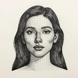a woman face formed by a wireframe expression of matrices, minimal, black ink stamped on off white paper