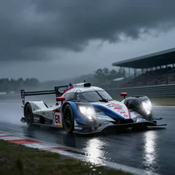 Honda Civic LMP2 car racing on dimly lit track overcast skies raining headlights illuminating the track cinematic digital painting vray